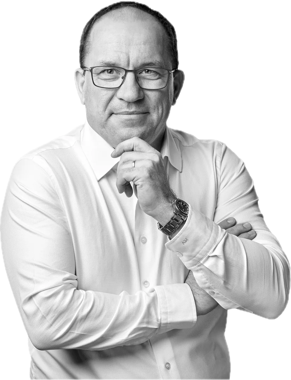 Marek Výborný, černobílý portrét v bílé košili
